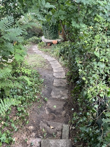 Stone path through the side garden