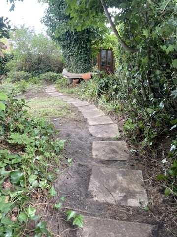 Stepping stones leading down to the bench